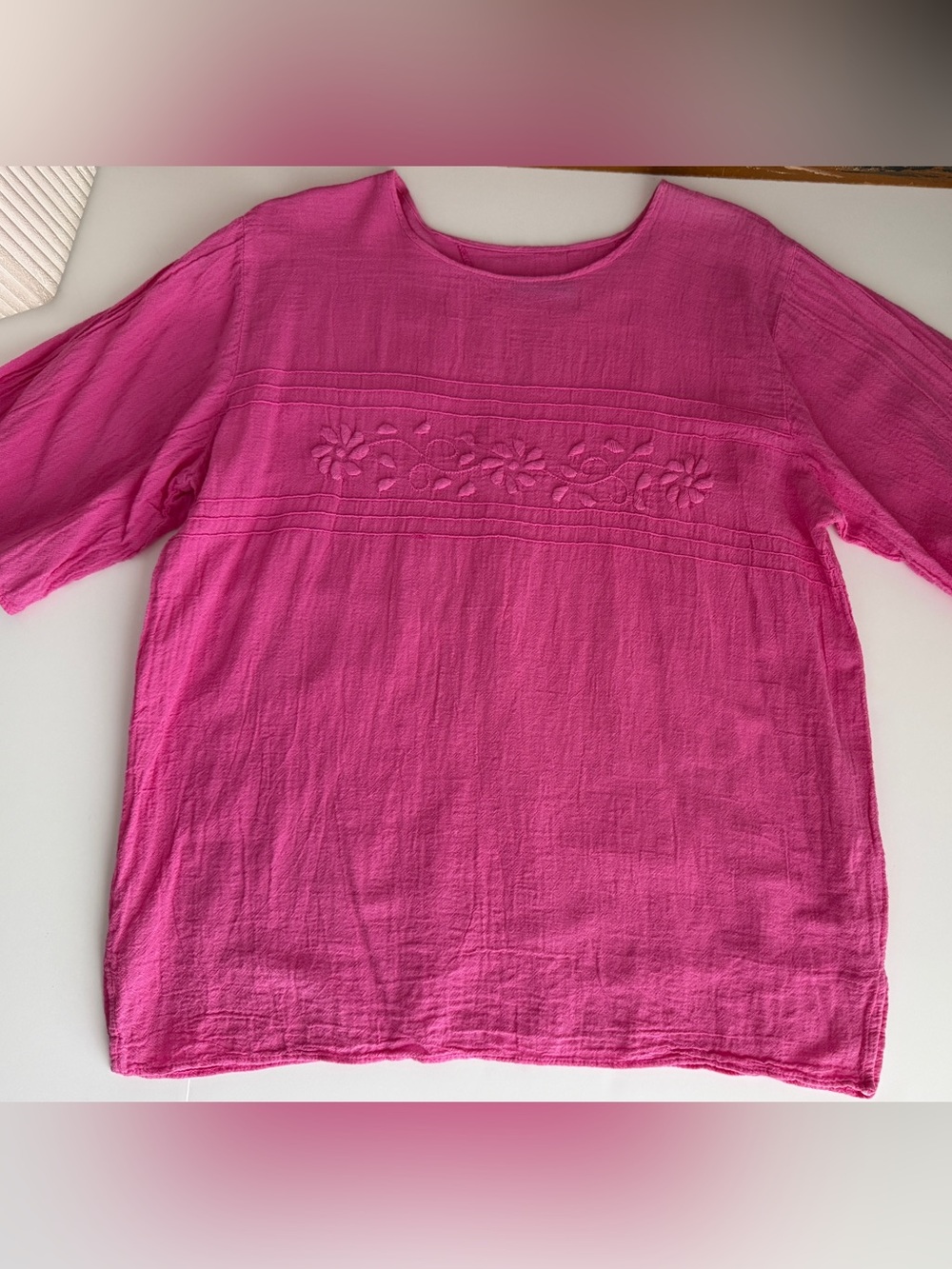 VTG Mexican Juanita Banana Pink Cotton Manta Floral Embroidered Top | Large